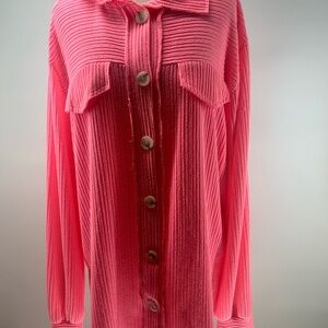 Pink Ribbed Button-Up Women's Oversized Top Small